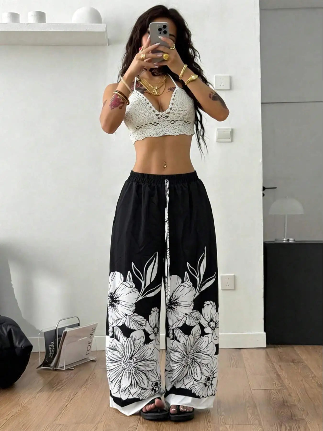 Large-Sized Printed Casual Tie Waist Wide-Leg Pants