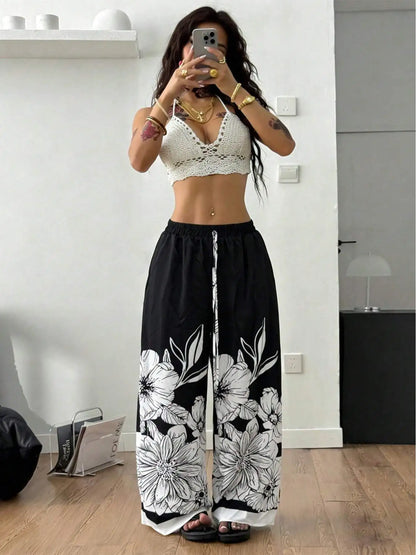 Large-Sized Printed Casual Tie Waist Wide-Leg Pants