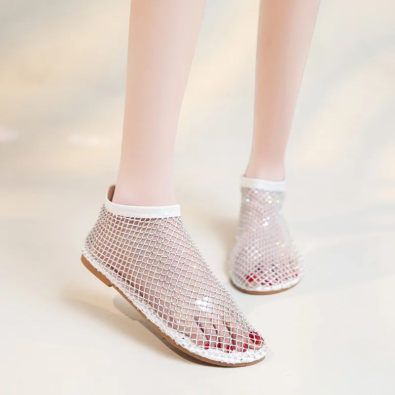 Mesh Luxurious Rhinestone Round Toe Sandal