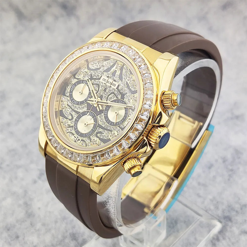 Movement Quartz Chronograph Sapphire Glass Gemstone Dial Luxury Waterproof Wristwatch