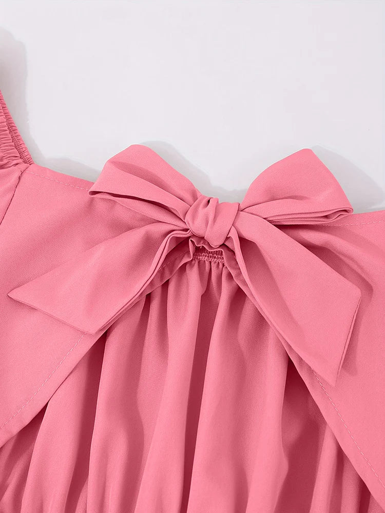 Spring And Summer Cute Elegant Off-Shoulder Lantern Sleeve Bow Solid Color Puff Dress
