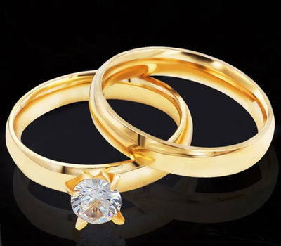 Zircon 4MM Charm Stainless Steel Gold Couple Rings Set