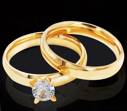 Zircon 4MM Charm Stainless Steel Gold Couple Rings Set