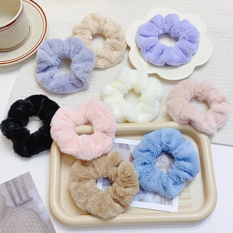 Solid Soft Plush Wide Hair Band Ponytail Holder Hair Tie Fluffy Rubber Band