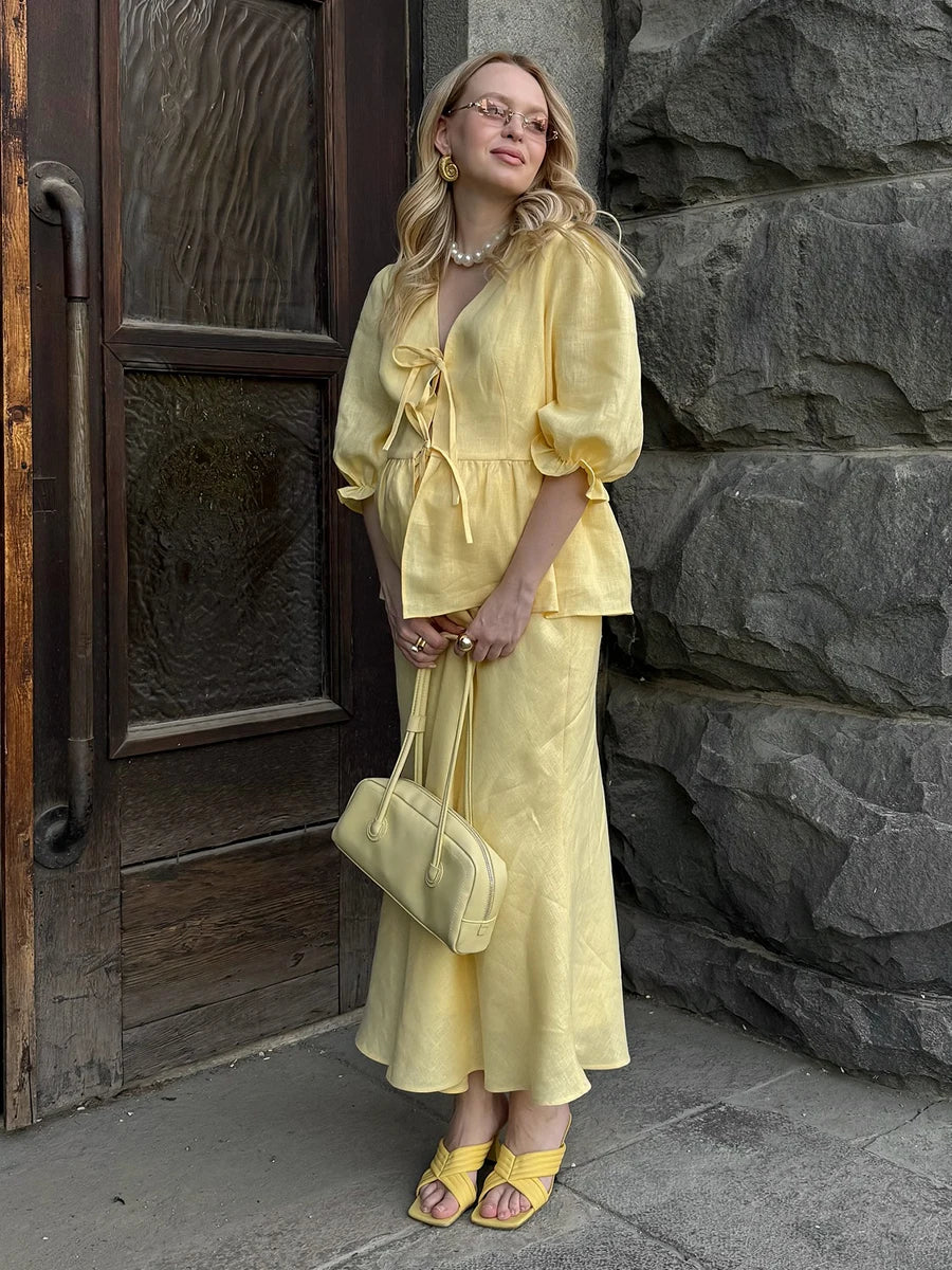 100% Cotton Bubble Sleeve Shirt  Long Skirt Set