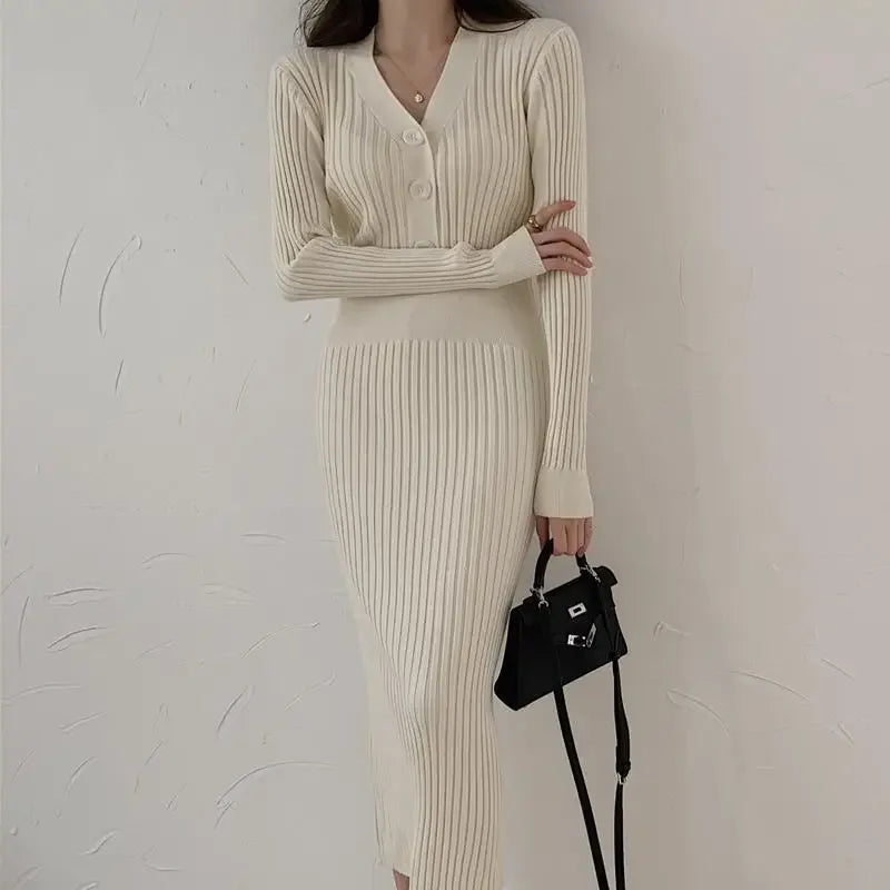 Elegant Long Slim Sweater Elastic Waist Hip Bottoming Korean Bodycon Dress