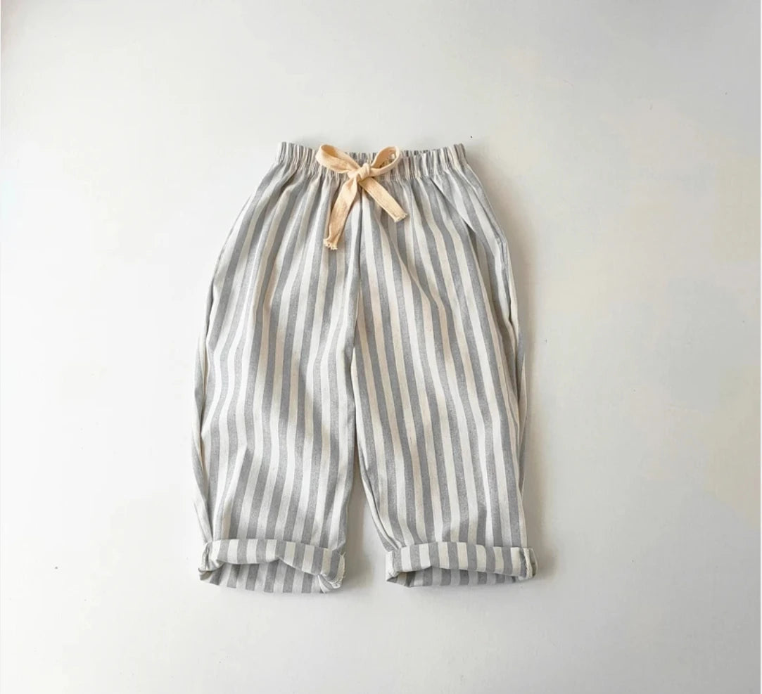 Retro Hemp Cotton Striped Casual Elastic Waist Pants