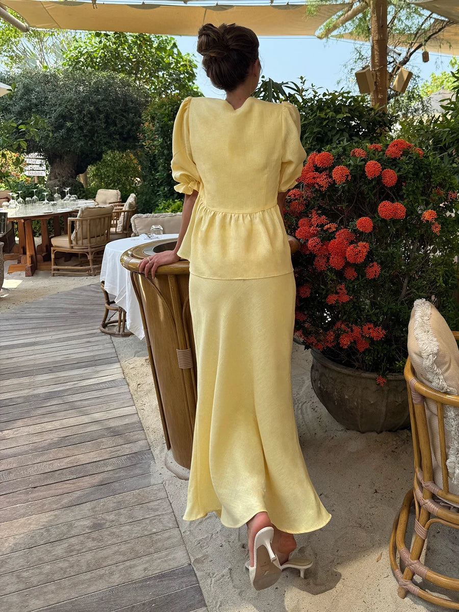 100% Cotton Bubble Sleeve Shirt  Long Skirt Set