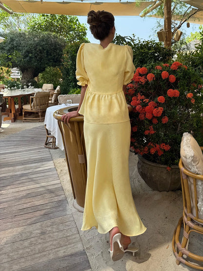 100% Cotton Bubble Sleeve Shirt  Long Skirt Set