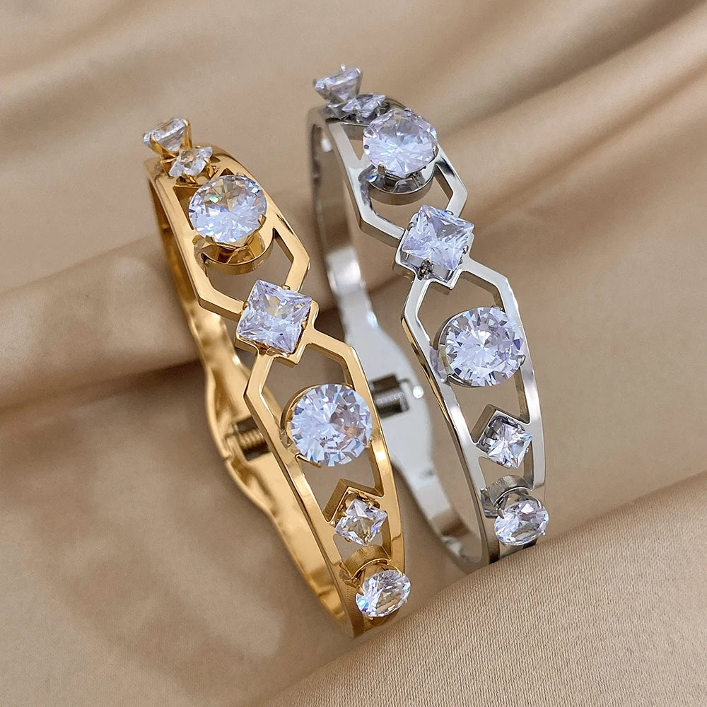 Multiple Vintage Inlaid Rhinestone Zircon Stainless Steel Wide Bangles Bracelets