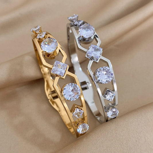 Multiple Vintage Inlaid Rhinestone Zircon Stainless Steel Wide Bangles Bracelets