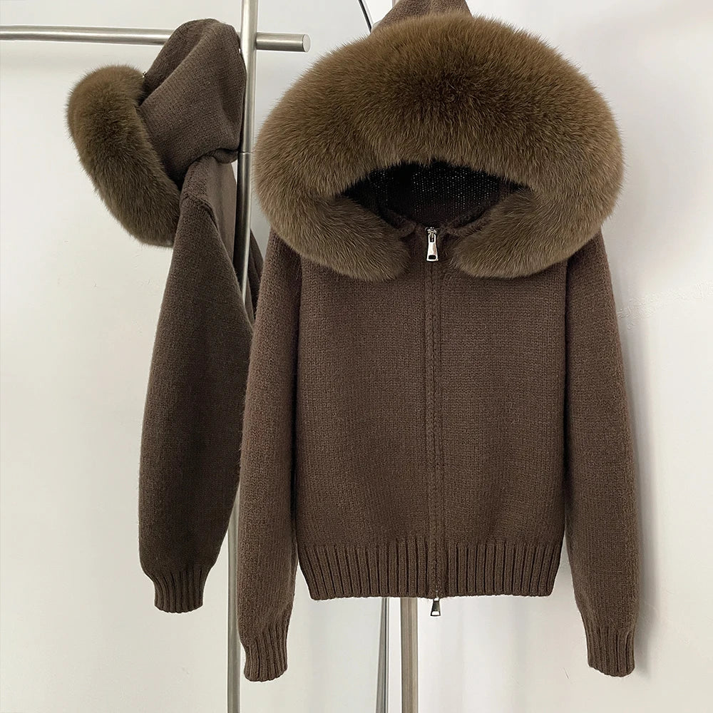Autumn Winter Casual Hooded Real Fox Fur Collar Short Knitted Jacket