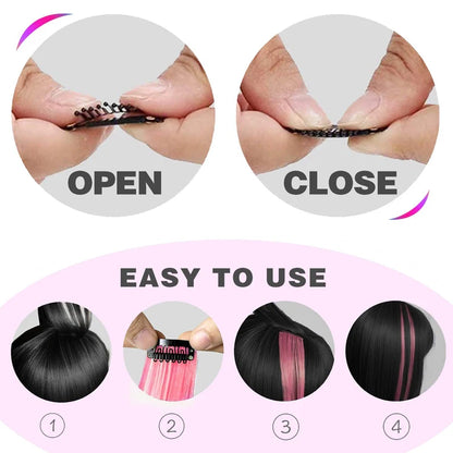 10Pcs Pink Clip in Hair Extensions Party Highlights Wig Synthetic Colored Straight Hairpiece