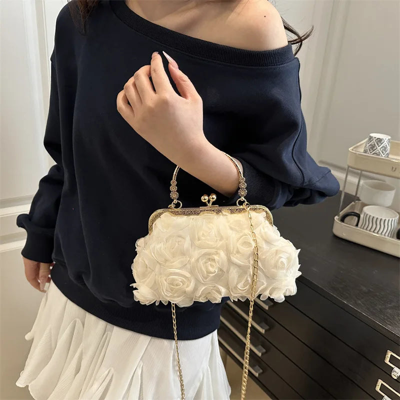 Luxury Chain Shoulder Chiffon 3D Flower Banquet Bag