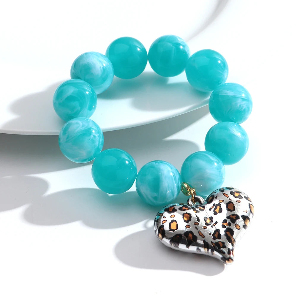 Boho Colorful Round Beads Heart Pendant Elastic Bracelets