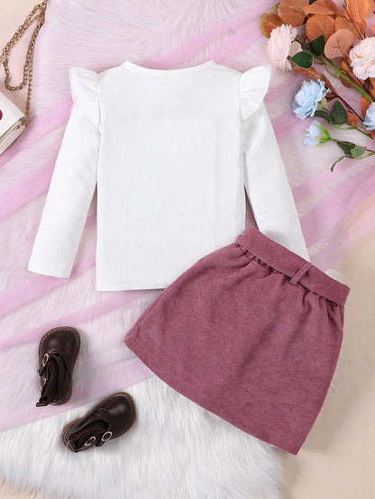 Spring and Autumn White Striped Round Neck Long Sleeved Set