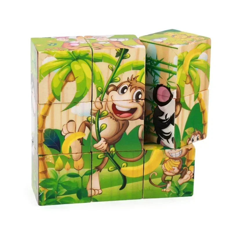 3D cube Wooden puzzle nine pieces six-sided wooden block tray