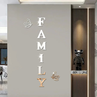 Two butterflies English Letters Family 3D Mirror Wall Stickers