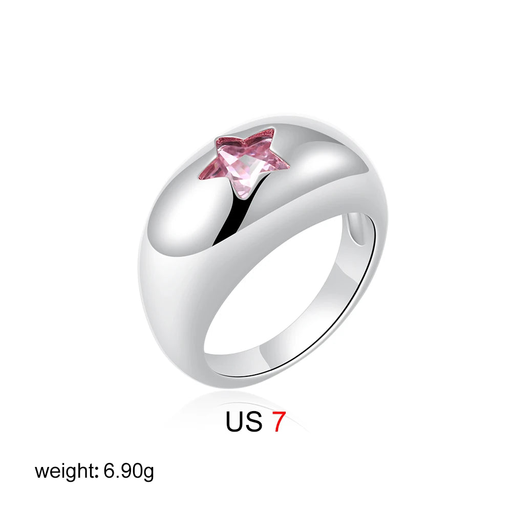 Waterproof 18K Gold Chubby Star Sleek Stainless Steel Pink Zircon Dome Finger Ring