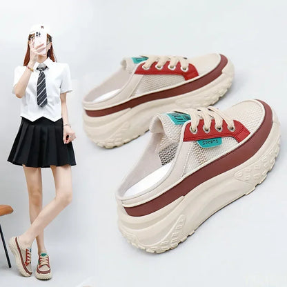 Thick Soles Increase Mesh Sport Lace Up Half Slipper Sneakers