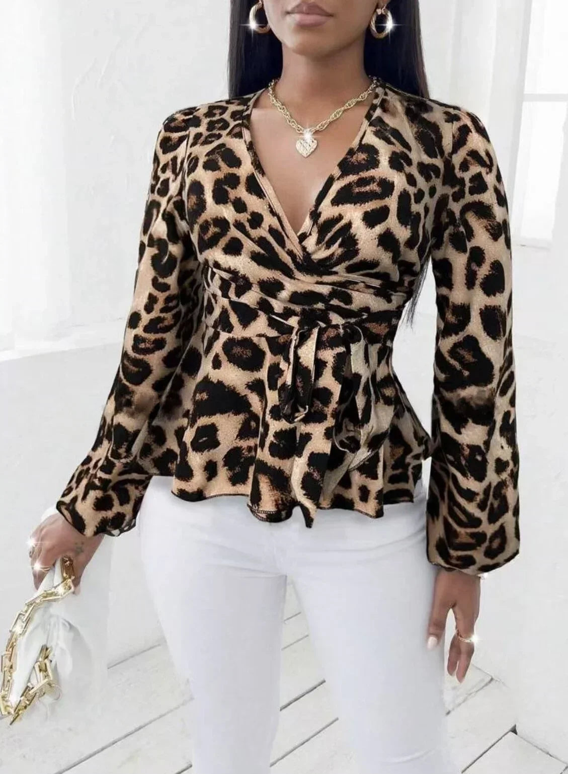 Leopard print lacing waist slim long-sleeve shirt