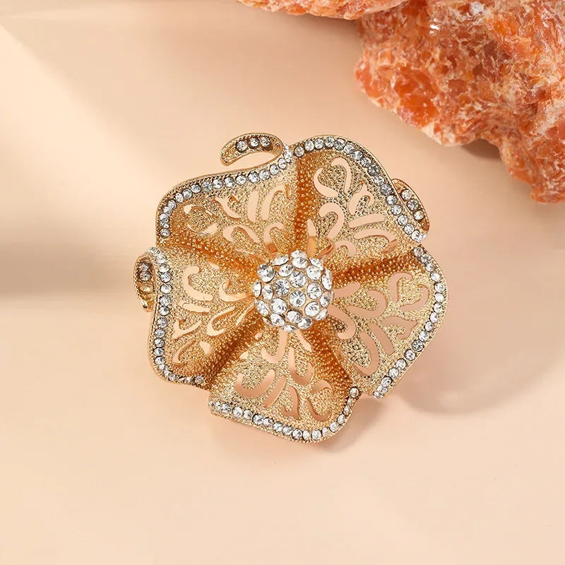 Luxury Big Flower Zircon Classic Hollow Gold Adjustable Ring
