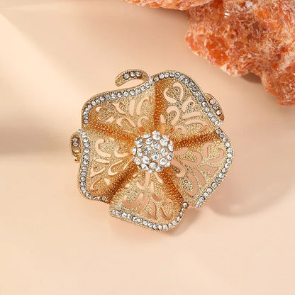 Luxury Big Flower Zircon Classic Hollow Gold Adjustable Ring