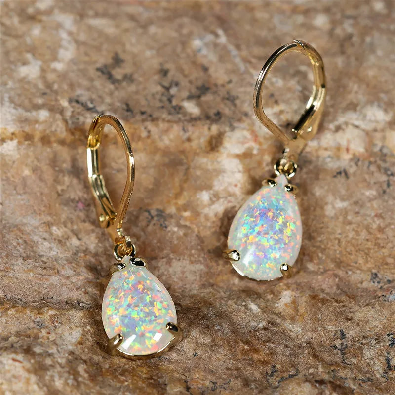 White Fire Opal Stone Classic Gold Color Water Drop Earrings