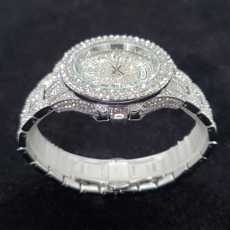 Luxury Diamond Bling Iced Hip Hop Golden Stainless Steel Quartz Watch
