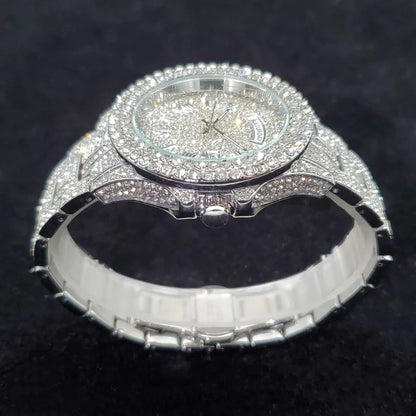 Luxury Diamond Bling Iced Hip Hop Golden Stainless Steel Quartz Watch