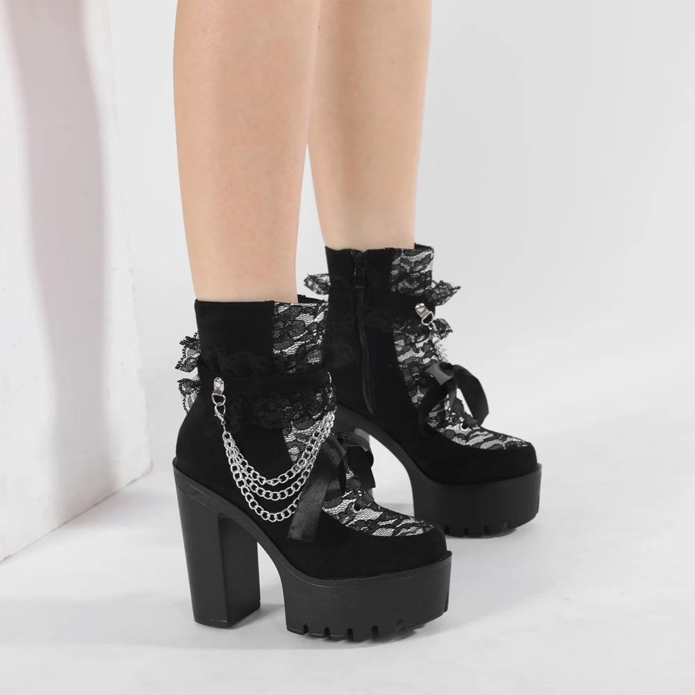 Gothic Lace Ankle Chunky Heel Side Zipper with Chain Platform Goth Boots