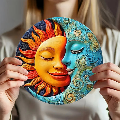 2D Flat Round Wooden Sign Sun And Moon