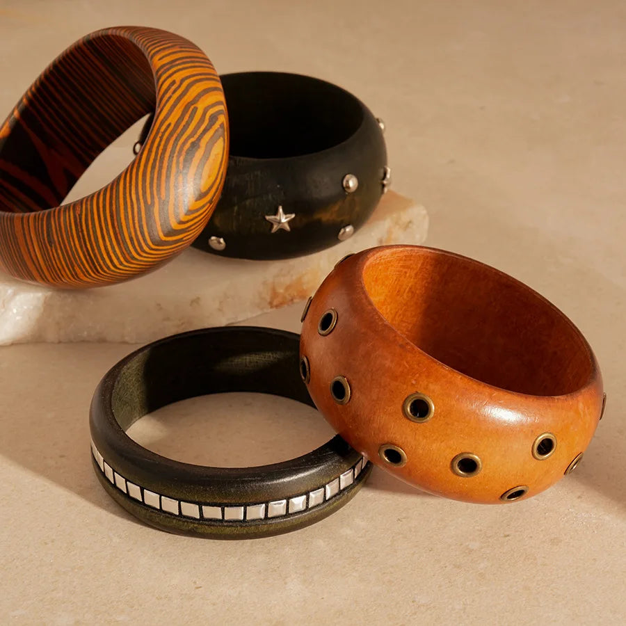 Natural Wooden Square Round Hip Hop  Rivet Beads Wide Bangles Bracelet