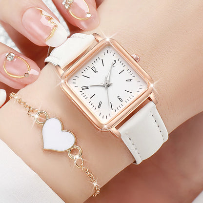 Square Leather Quartz Watches Heart Bracelet Set