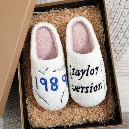 Music Idol 1989 Taylor Letter Stuffed Home Thick Sole Plaid Fur Cotton Slippers