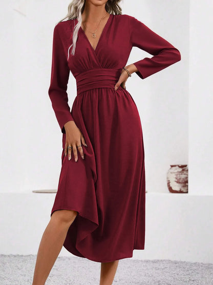 Elegant V-Neck Long Sleeve with Waist Shirring Bodycon Long Maxi Dress