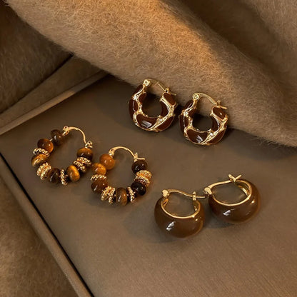 Brown Enamel Zircon Hoop Earrings