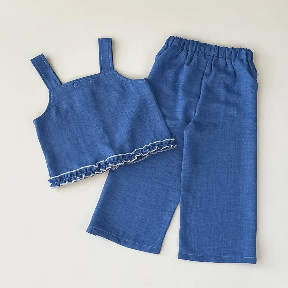 Korean Version Imitation Denim Bow Print Sleeveless Set