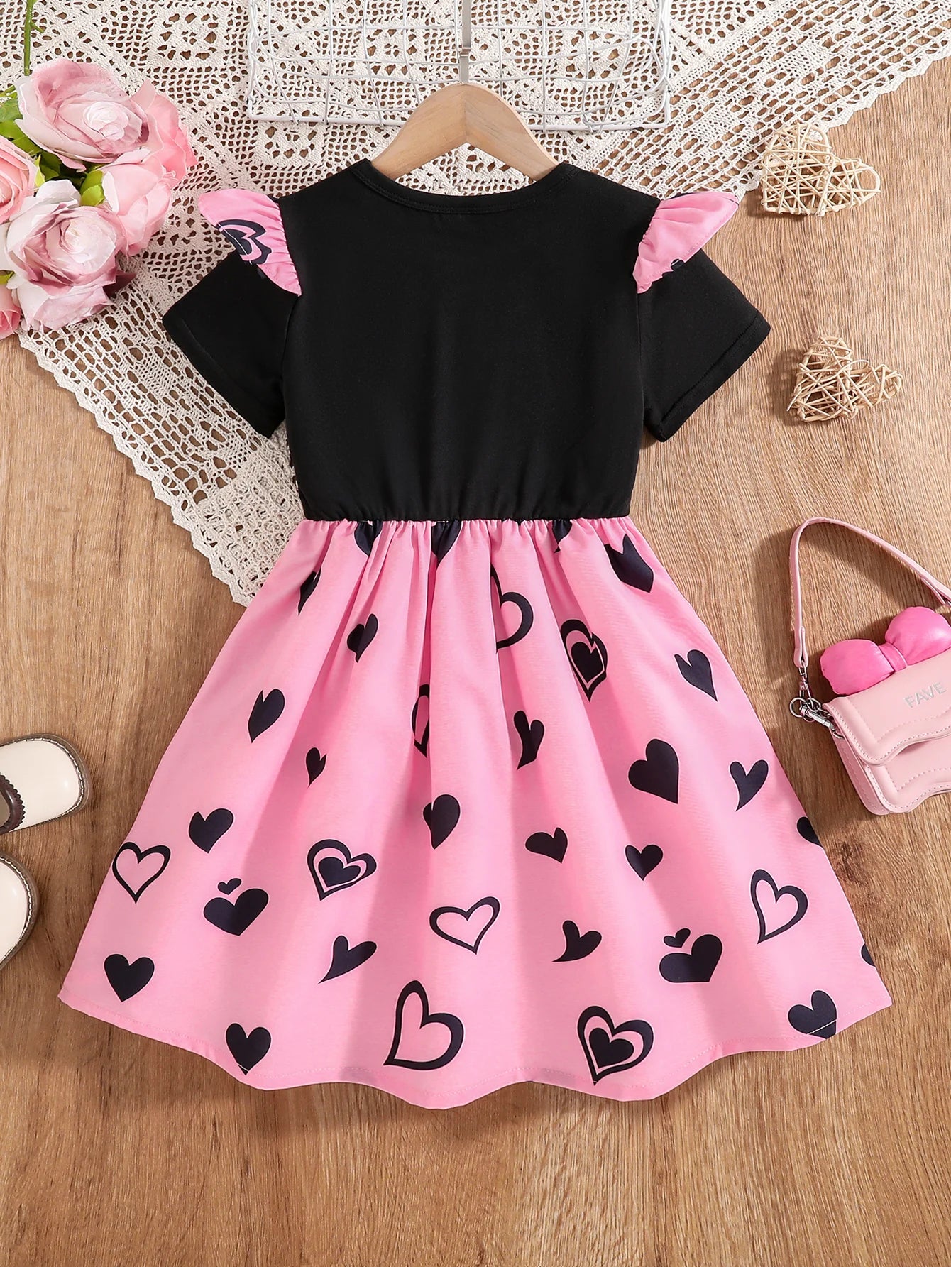 Cat Print Flutter Sleeve Short-Sleeve Patchwork Dress
