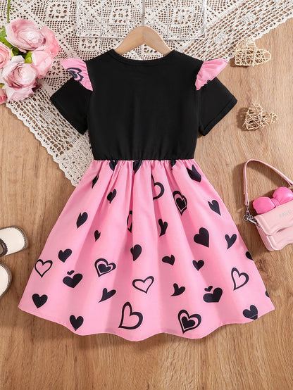 Cat Print Flutter Sleeve Short-Sleeve Patchwork Dress