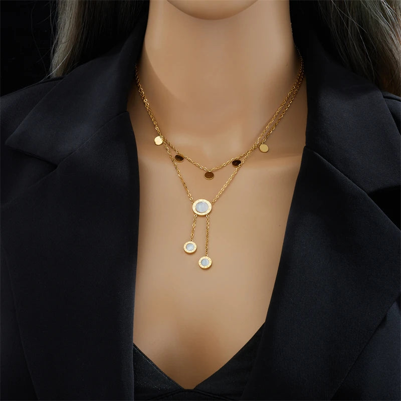 Stainless Steel Round Roman Dial Long Necklace