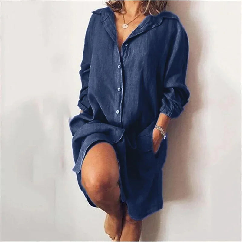 Elegant Cotton Commuting Style Flip Collar Single Breasted Dress