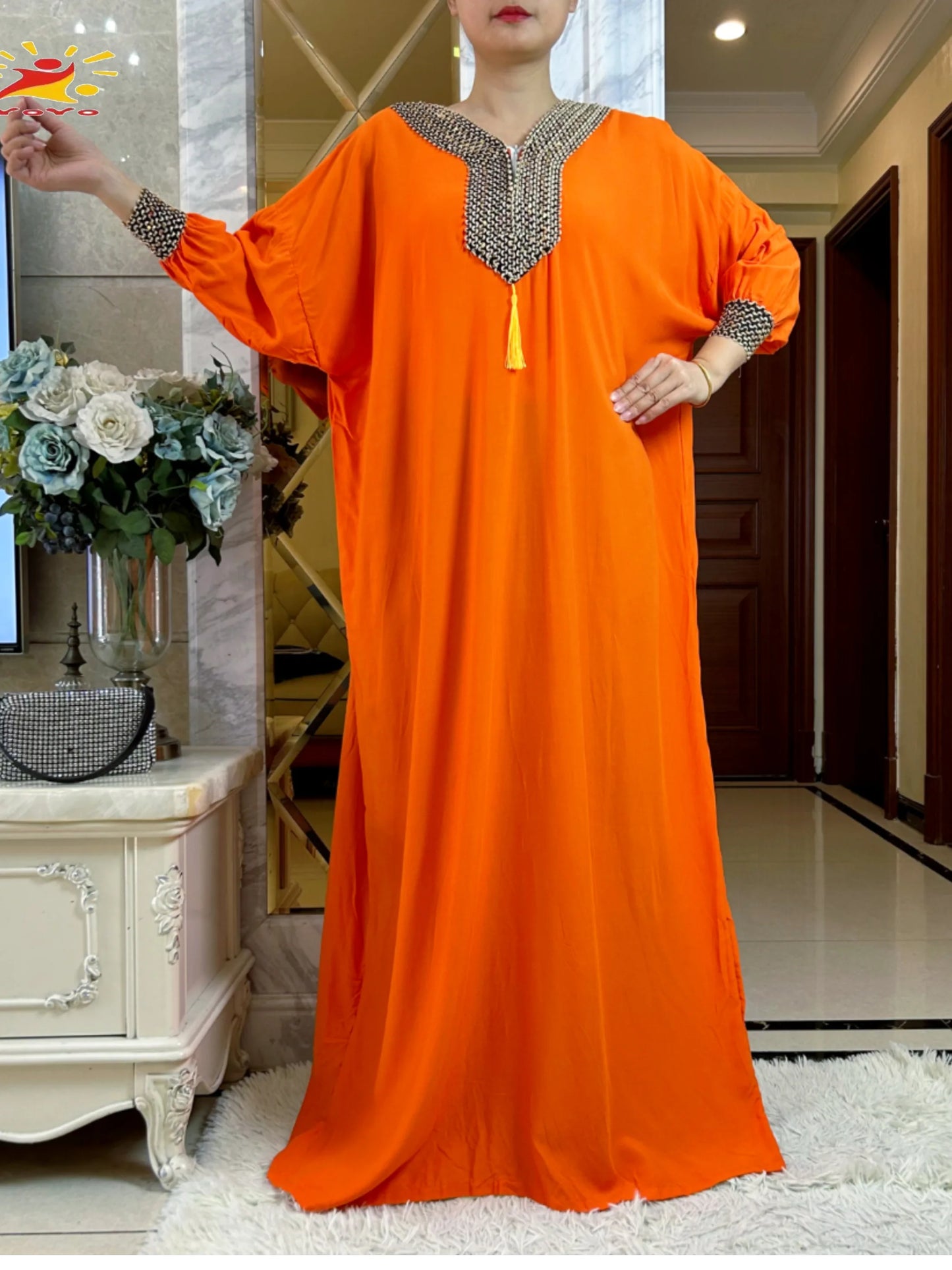 Muslim Long Sleeve Cotton With Big Scarf African Abaya