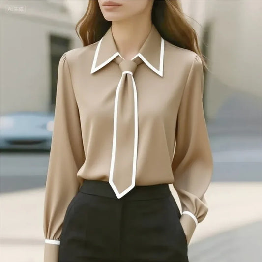 Bow Tie Long-sleeve Contrasting Slim-fit Shirts