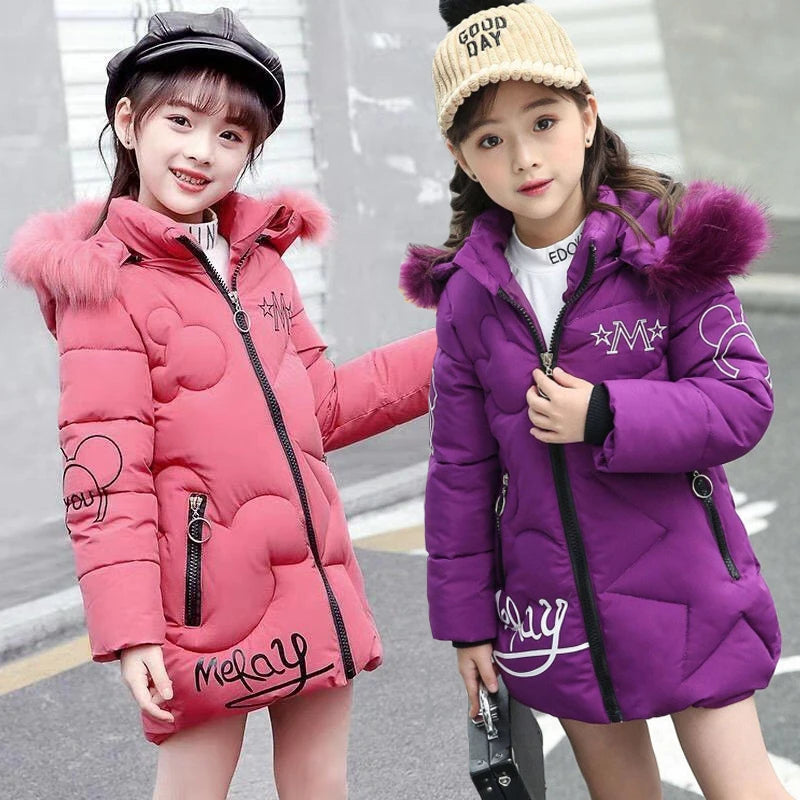 3-12 Years Winter Long Style Letter Velvet Hooded Thick Coat