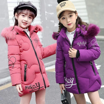 3-12 Years Winter Long Style Letter Velvet Hooded Thick Coat