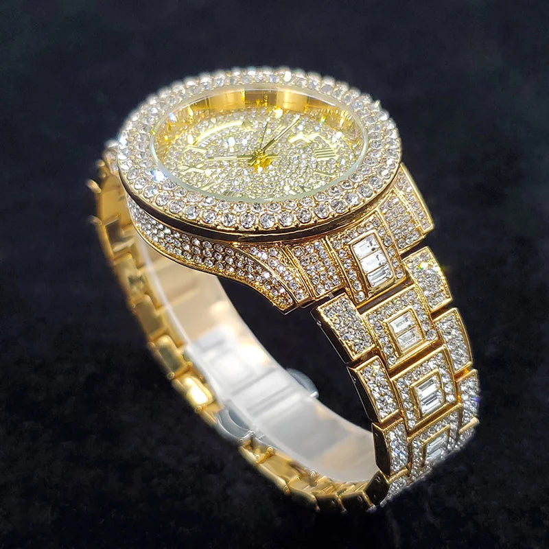 Luxury Diamond Bling Iced Hip Hop Golden Stainless Steel Quartz Watch