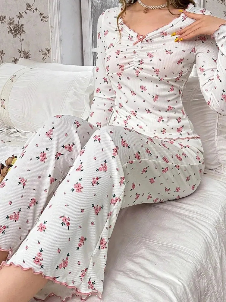 Round Neck Floral Printed Long Sleeve Home Wear Loungewear Set