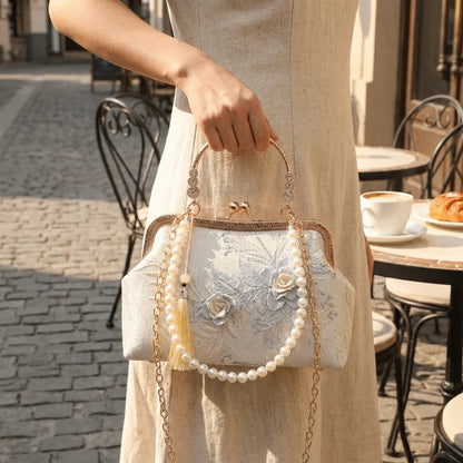 Vintage Kiss Lock Handbag Chinese Style Floral Lace Tassel Small Square Bag