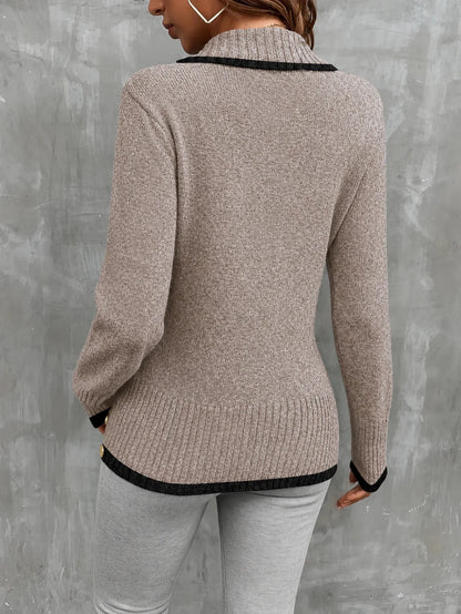 Color Blocking V-Neck Commuter Style Buttoned Long-Sleeved Knit Sweater